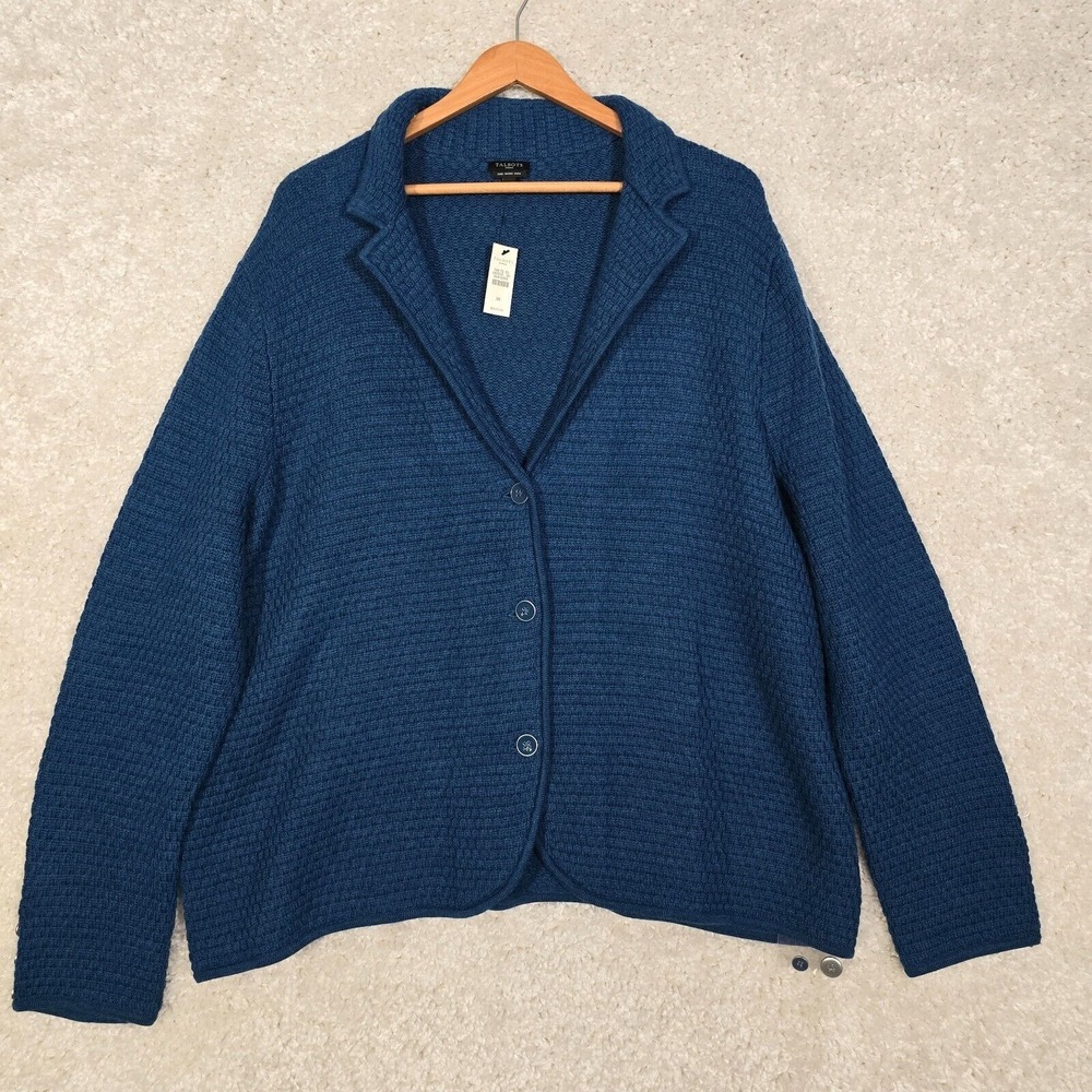Talbots Womens Merino Wool Cardigan Sweater Size 3X Blueβ Button Front Cozy